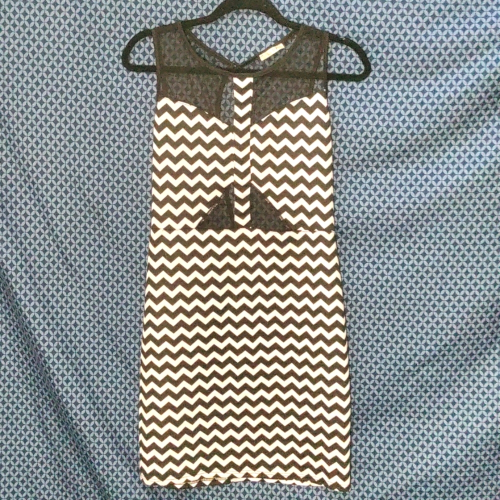 LAMP - Short sleeveless white and black dress with black mesh cutouts. Size- XL